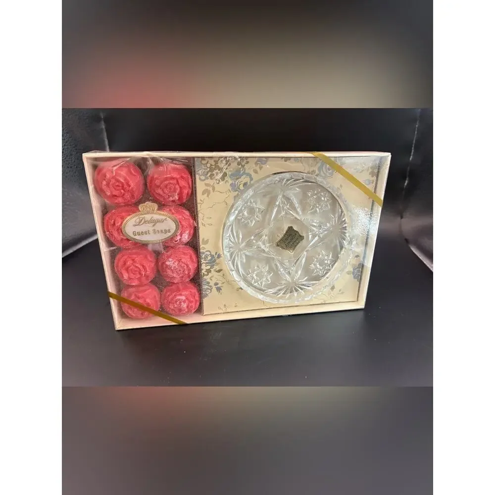 Vintage 1960s Delagar Guest Soap Set| Roses Pressed Glass Dish Vanity EAPC NOS